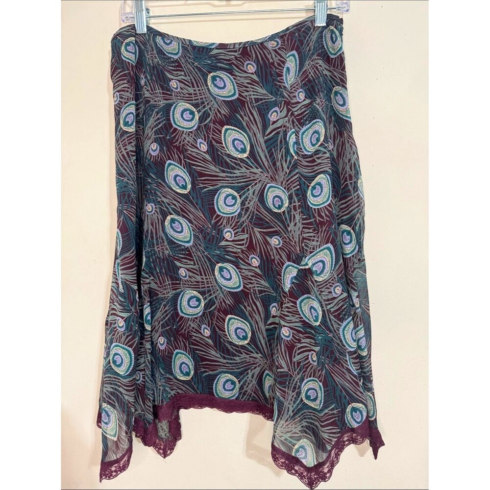 Women's Silk Skirt Lace Trim Hem Peacock Feather Print size 10 Fairy Whimsigoth